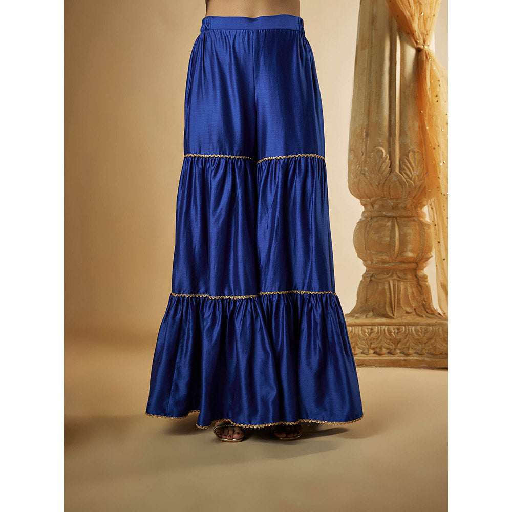 THE AARYA Ink Blue Chanderi Lace Work Colorblock Kurta with Sharara and Dupatta (Set of 3)