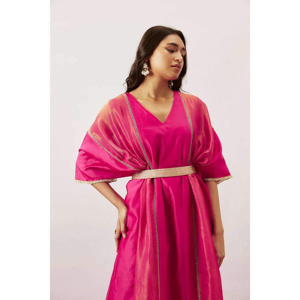 THE AARYA Pink Handwoven Chanderi Kaftan with Belt (Set of 2)