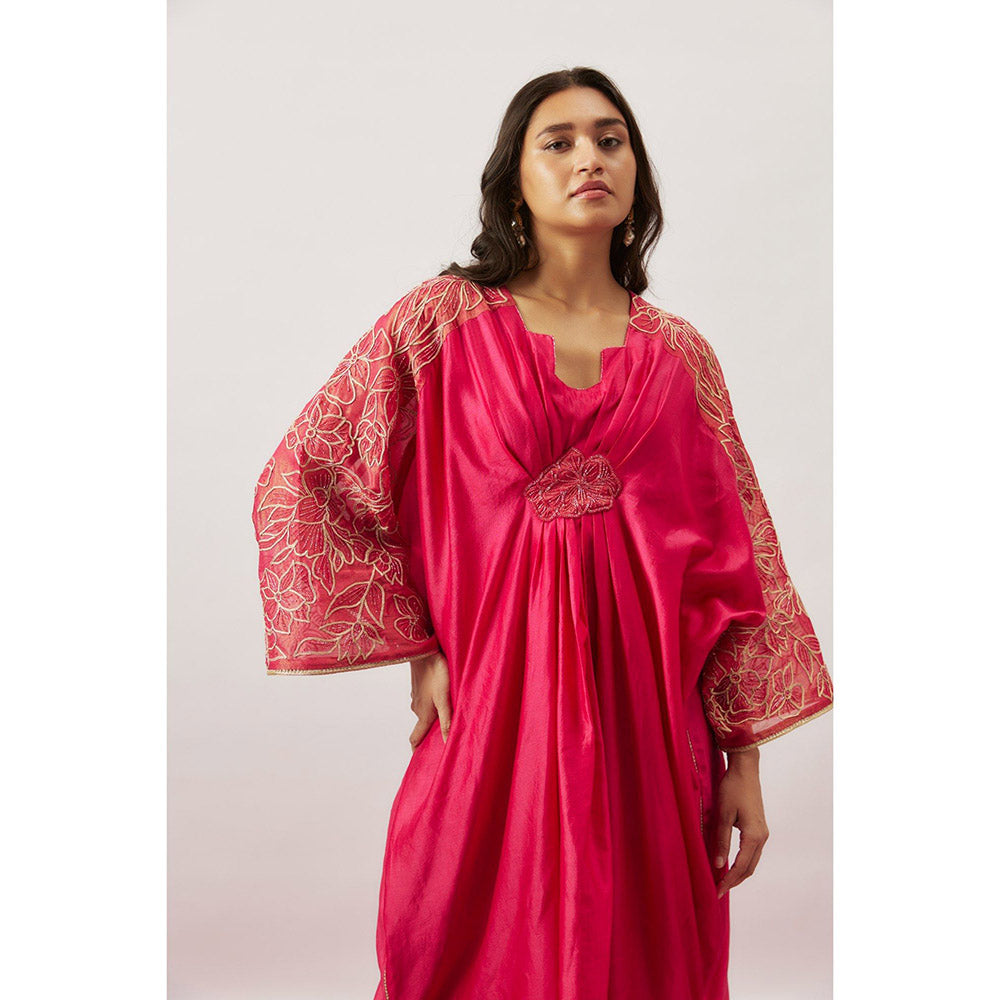 THE AARYA Pink Handwoven Chanderi Pleated Kaftan with Slip (Set of 2)