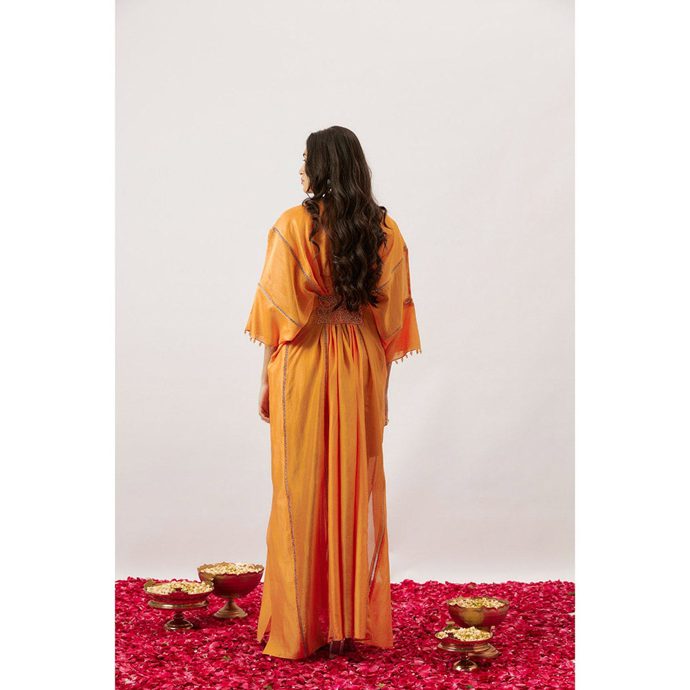 THE AARYA Orange Handwoven Chanderi Kaftan with Slip (Set of 2)