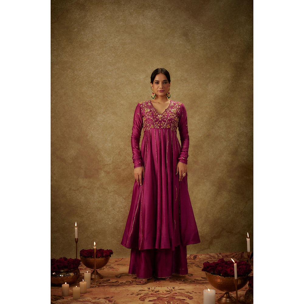 THE AARYA Gul Magenta Embroidered Anarkali Kurta with Palazzo and Dupatta (Set of 3)