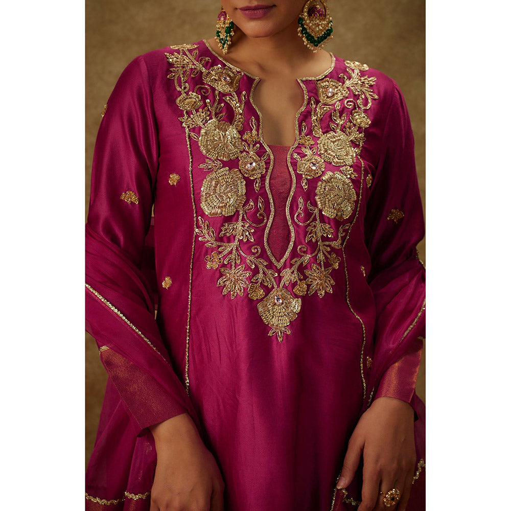 THE AARYA Falak Magenta Embroidered Kurta with Palazzo and Dupatta (Set of 3)