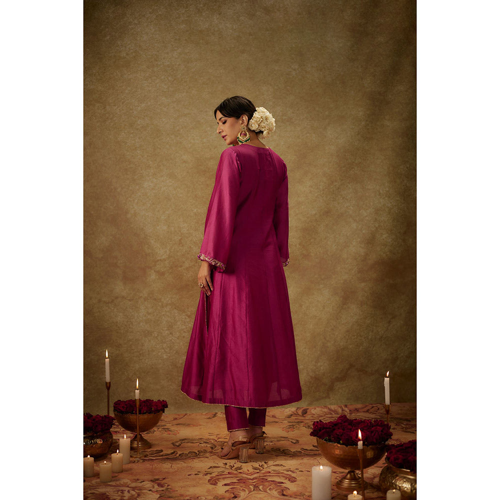 THE AARYA Roop Magenta Embroidered Anarkali Kurta with Pant and Dupatta (Set of 3)