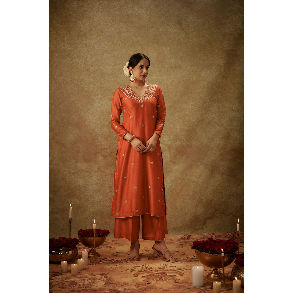 THE AARYA Siara Orange Embroidered Kurta with Palazzo and Dupatta (Set of 3)