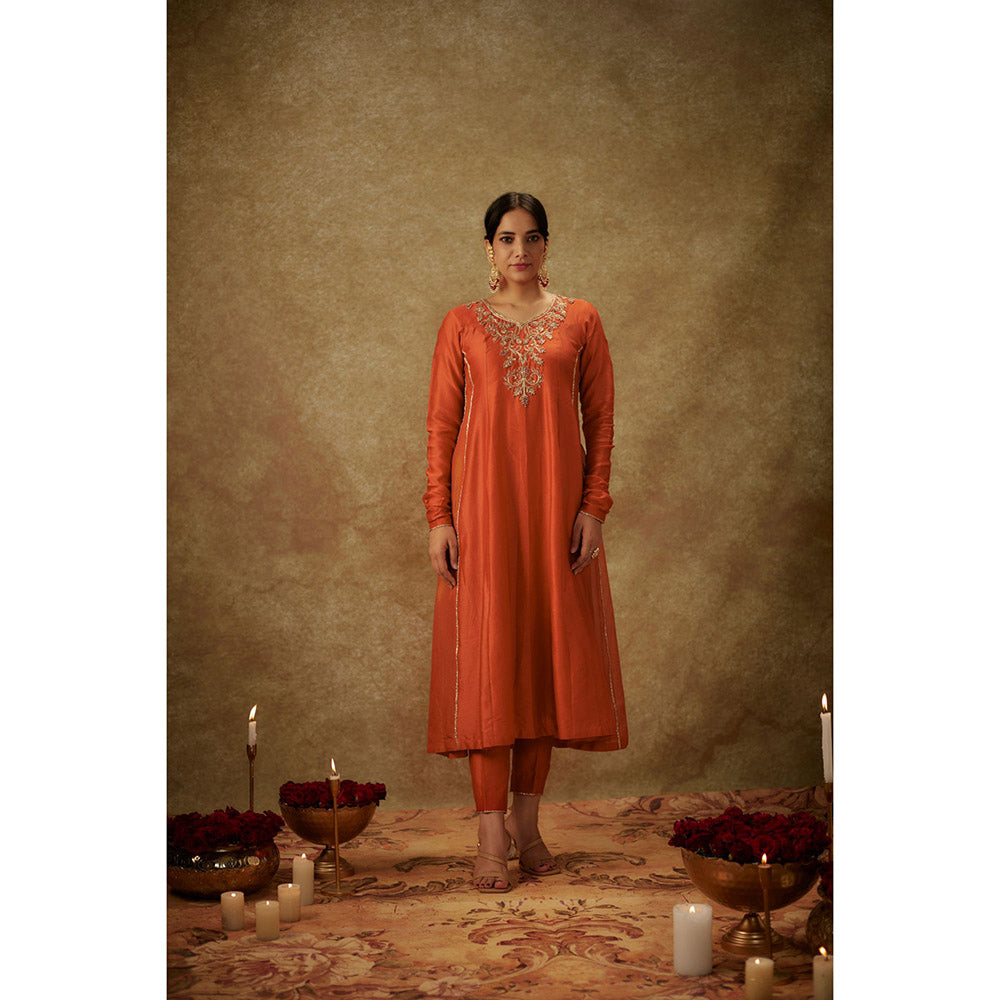 THE AARYA Haya Orange Embroidered Anarkali Kurta with Pant and Dupatta (Set of 3)