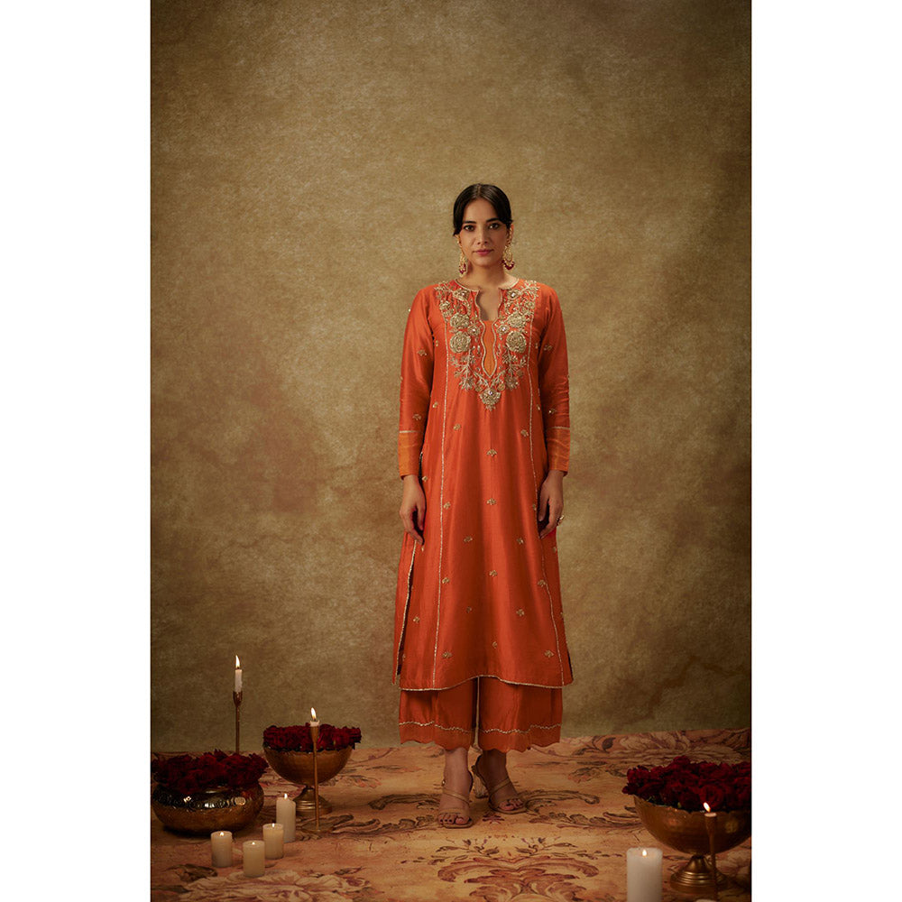 THE AARYA Yura Orange Embroidered Kurta with Palazzo and Dupatta (Set of 3)