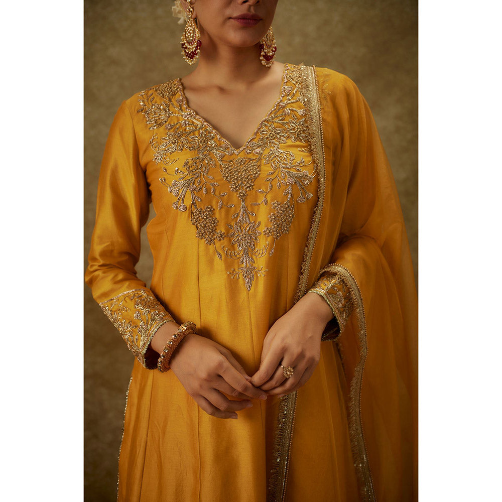 THE AARYA Ayah Yellow Embroidered Anarkali Kurta with Palazzo and Dupatta (Set of 3)