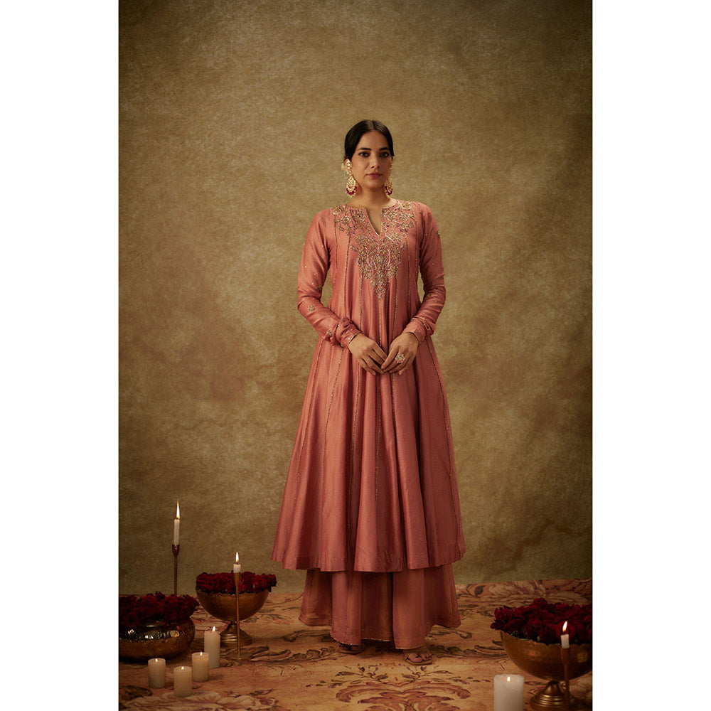 THE AARYA Ara Pink Embroidered Anarkali Kurta with Palazzo and Dupatta (Set of 3)