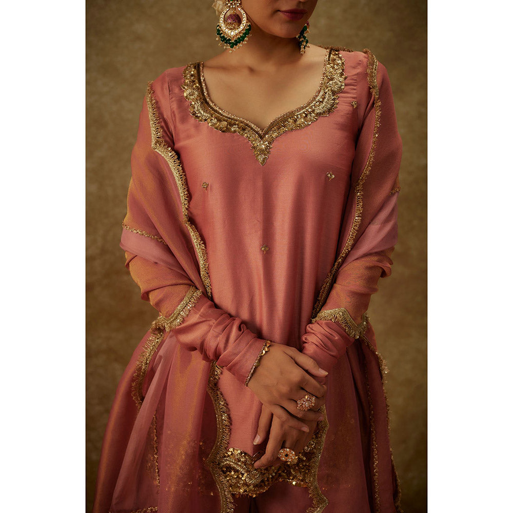 THE AARYA Erva Pink Embroidered Kurti with Palazzo and Dupatta (Set of 3)