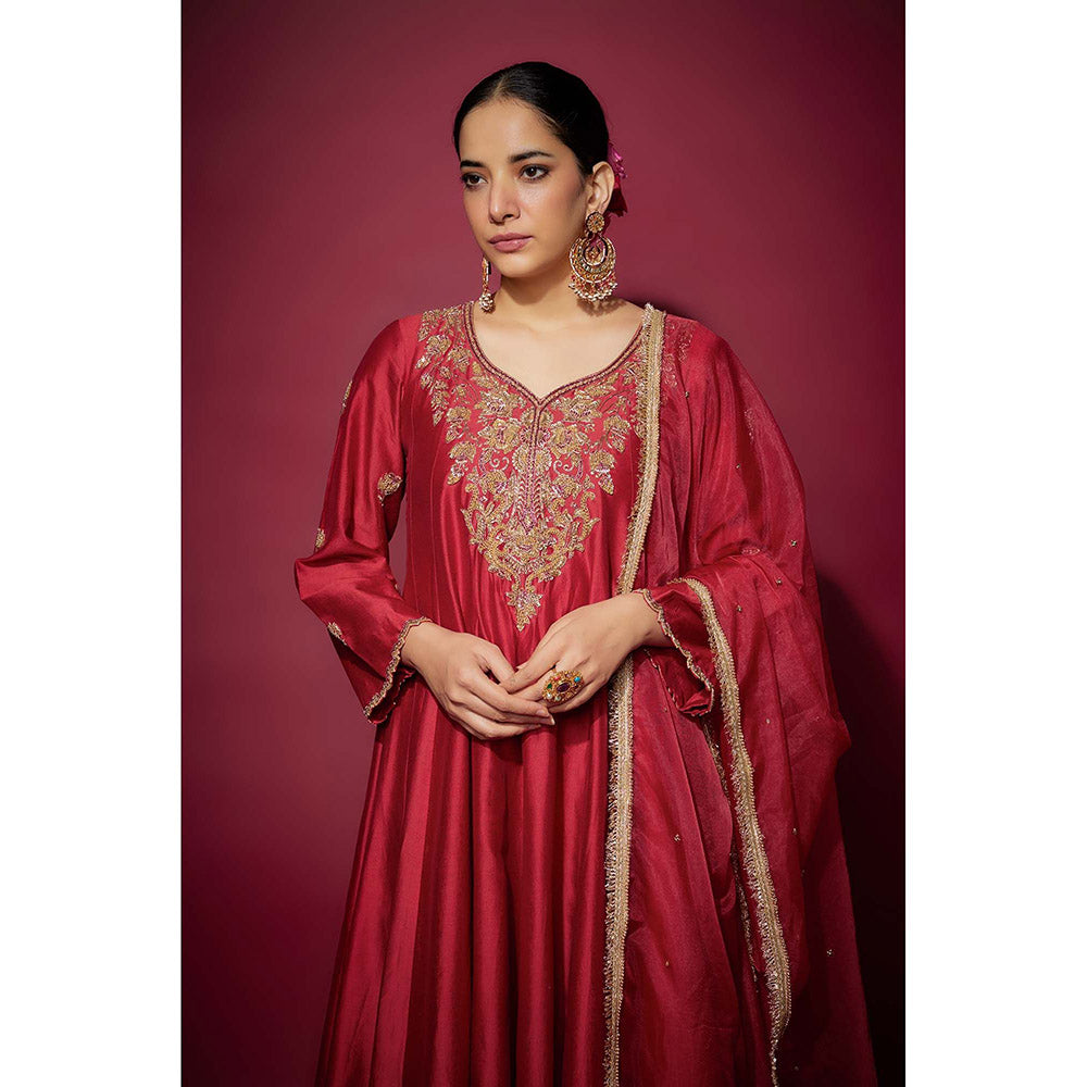 THE AARYA Red Athira Embellished Anarkali with Palazzo and Dupatta (Set of 3)