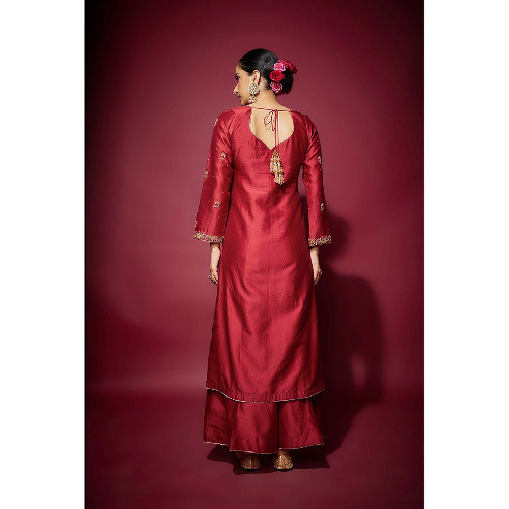 THE AARYA Red Raia Embellished Kurta with Palazzo and Dupatta (Set of 3)