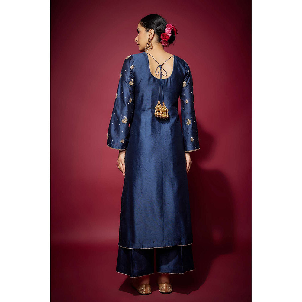 THE AARYA Navy Blue Firdaws Embellished Kurta with Palazzo and Dupatta (Set of 3)