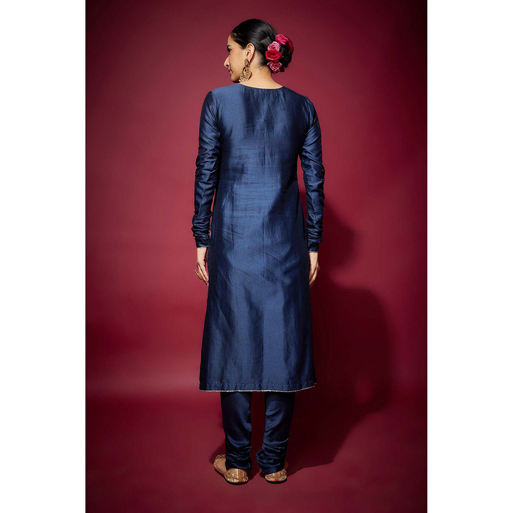 THE AARYA Navy Blue Adena Embellished Kurta with Churidar and Dupatta (Set of 3)