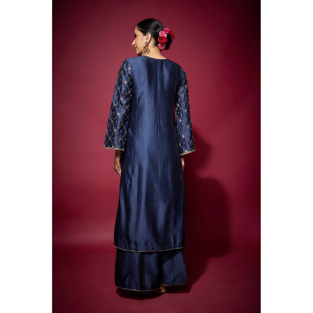 THE AARYA Navy Blue Seren Embellished Kurta with Palazzo and Dupatta (Set of 3)