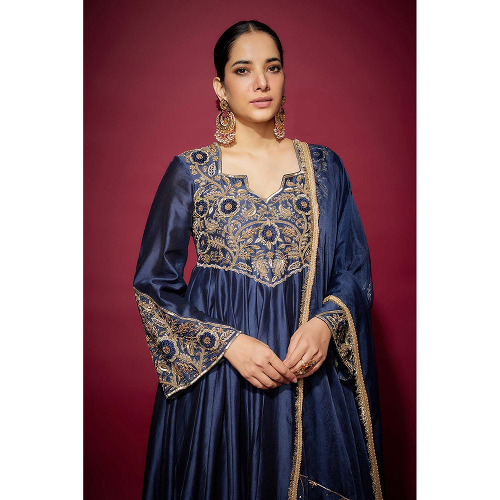 THE AARYA Navy Blue Izara Embellished Anarkali with Palazzo and Dupatta (Set of 3)