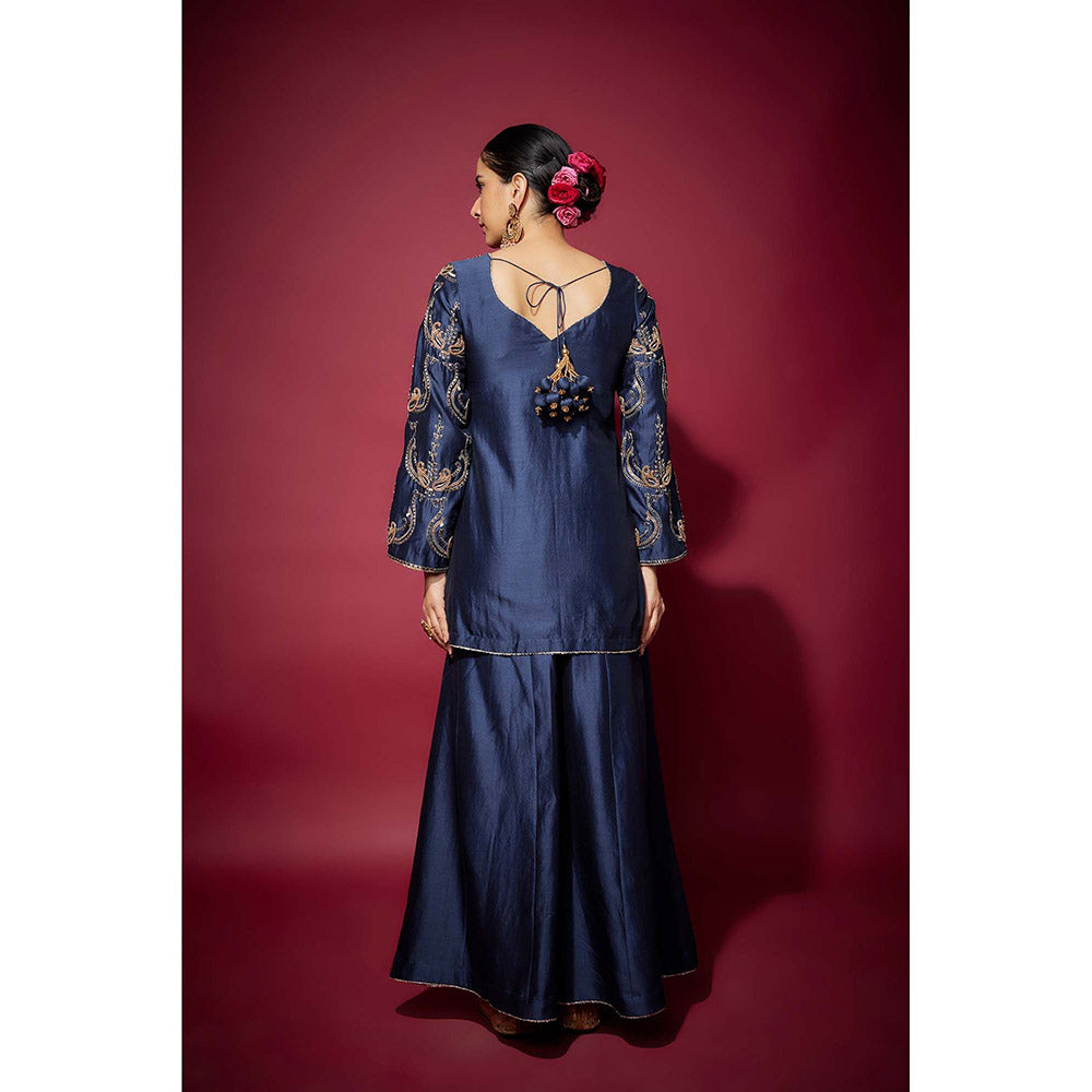 THE AARYA Navy Blue Neyla Embellished Kurta with Palazzo and Dupatta (Set of 3)