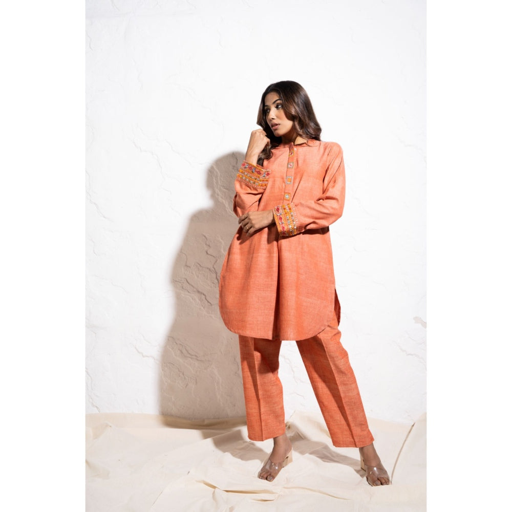 The White Tree Studio Carrot Red Handwoven Cotton Embroidered Co-ord (Set of 2)