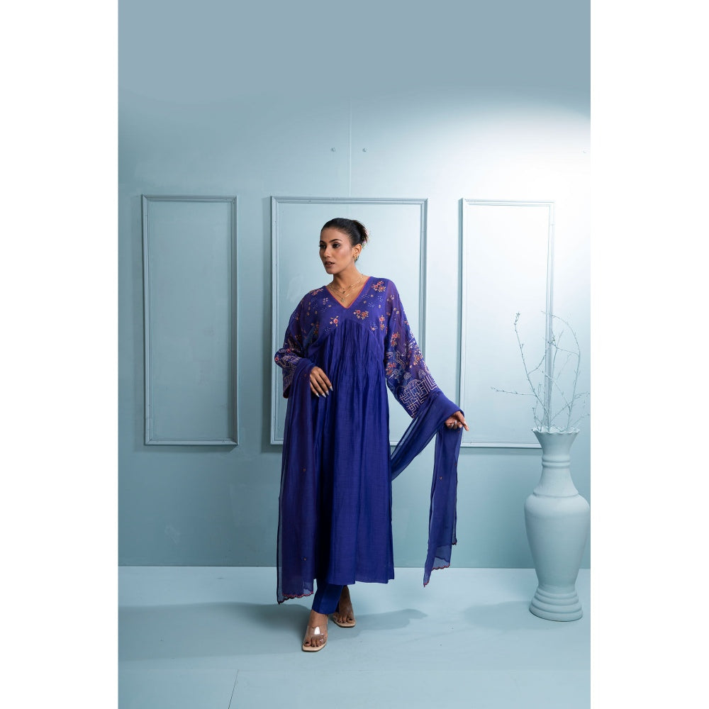 The White Tree Studio Blue Pleated V Neck Kurta with Pant and Dupatta (Set of 3)