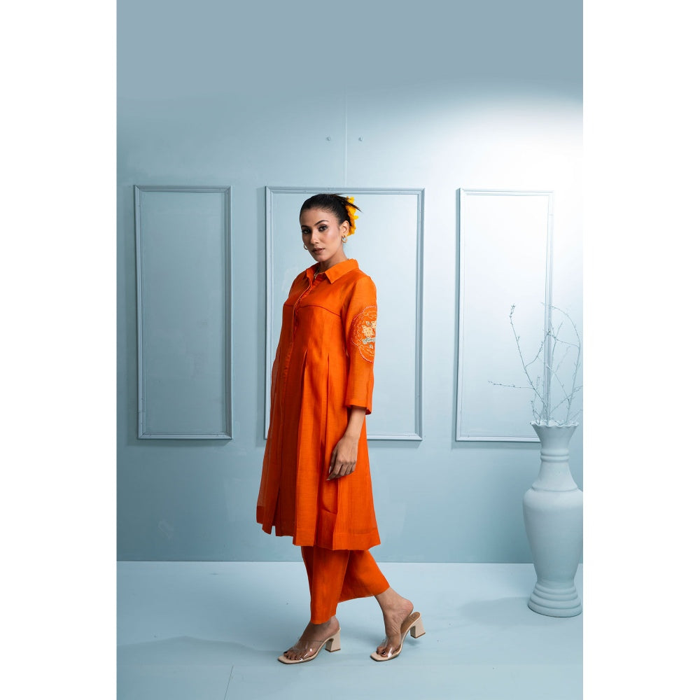 The White Tree Studio Orange Pleated Kurta with Palazzo and Inner (Set of 3)