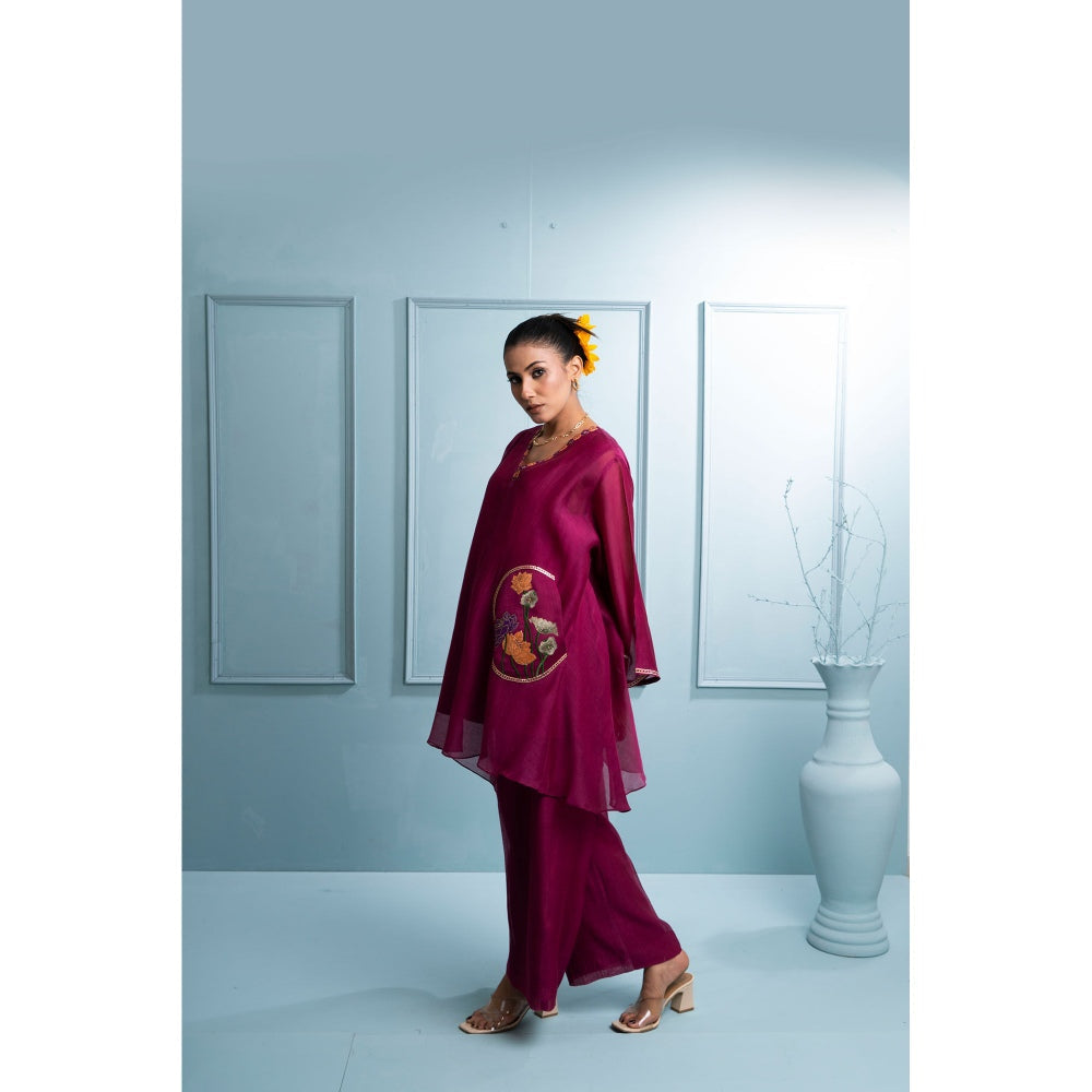 The White Tree Studio Burgundy Asymmetrical Kurta with Palazzo and Inner (Set of 3)