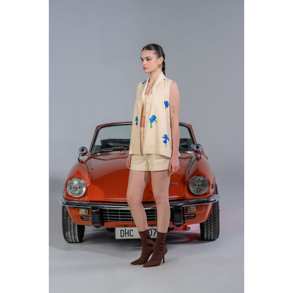 The Dramebaaz Company Floral Blue-Bell Appliqua Shorts with Blazer and Bustier (Set of 3)