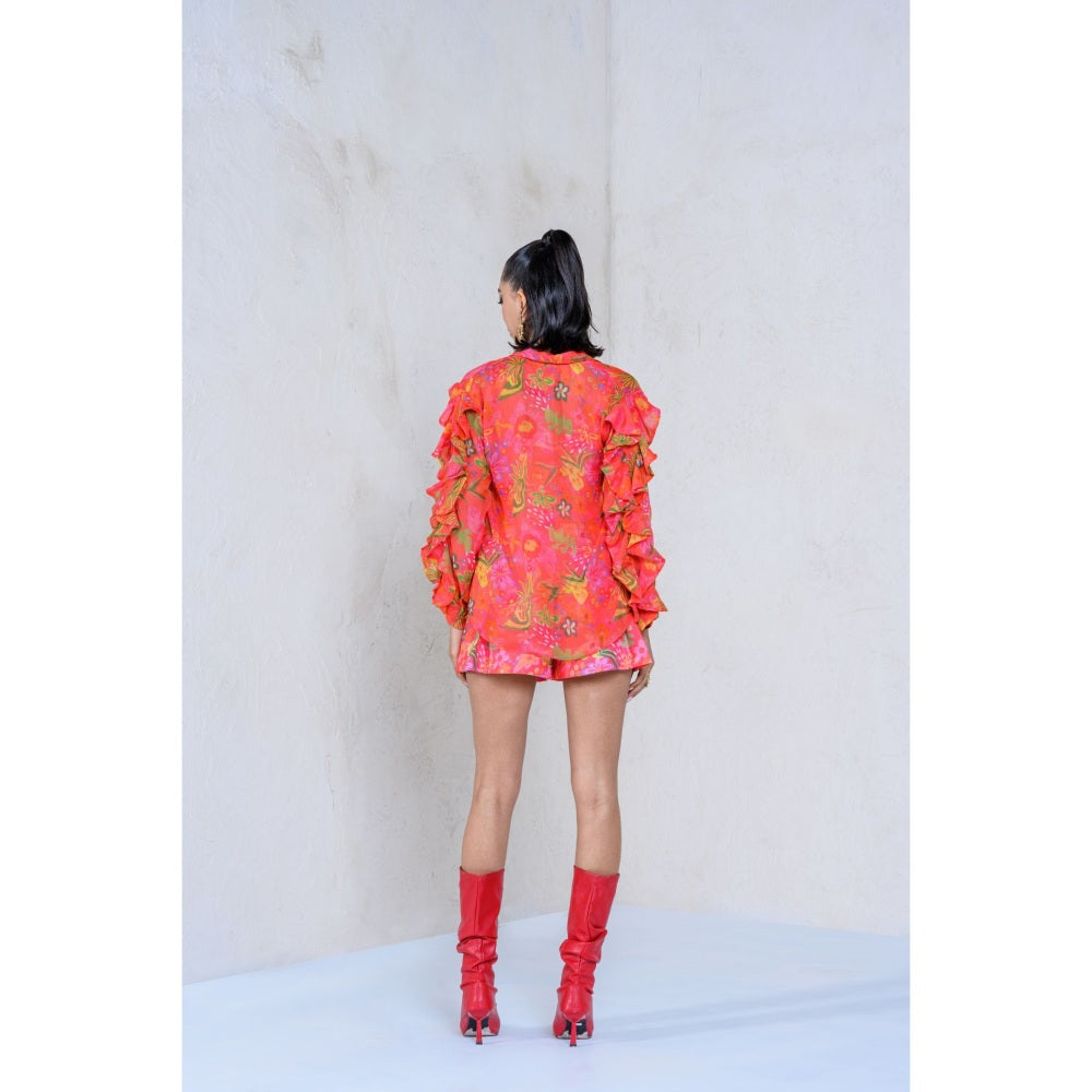 The Dramebaaz Company Blush Foxglove Shirt with Bustier and Shorts (Set of 3)