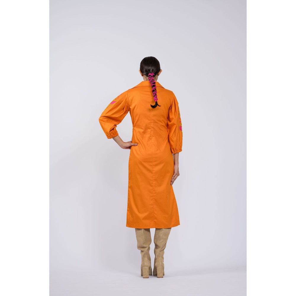 The Dramebaaz Company Tangerine Embroidered Shirt Dress