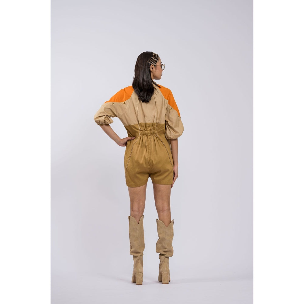 The Dramebaaz Company Brown Colorblock Petunia Playsuit