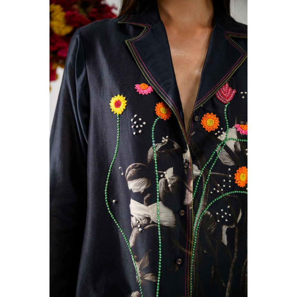 The Dramebaaz Company Navy Blue Heirloom Petals Embellished Shirt