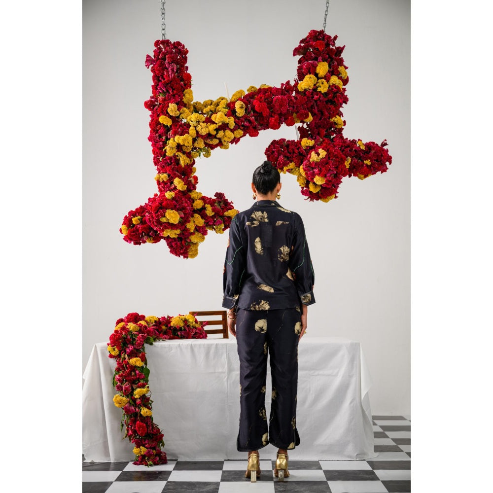 The Dramebaaz Company Black Fleur Printed Shirt and Pant (Set of 2)