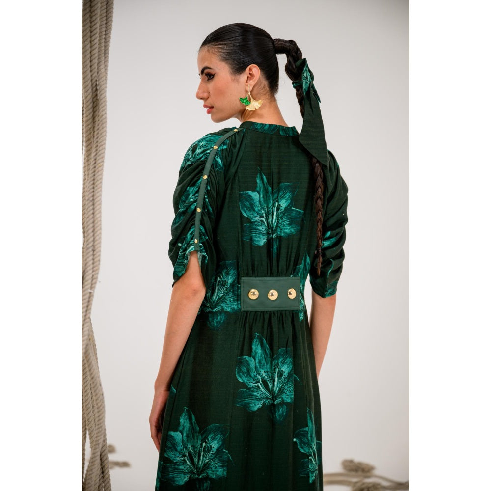The Dramebaaz Company Green Frost leaf Zipper Closure Midi Dress