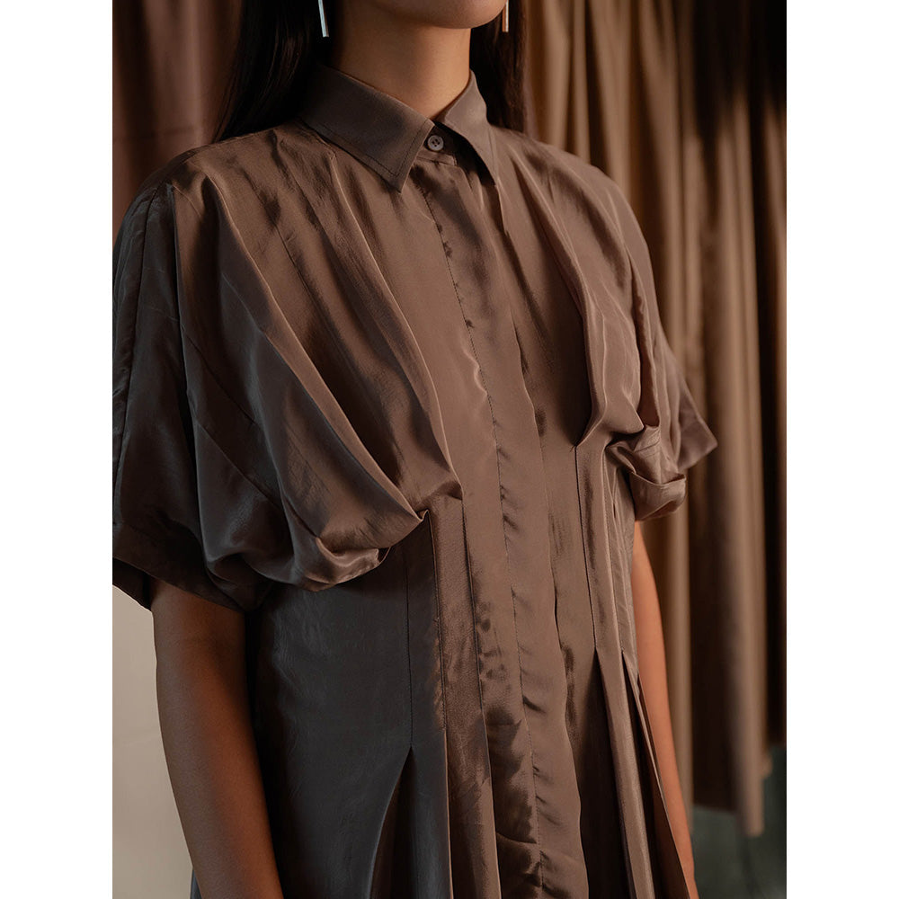 The Burnt Toast Brown Pleated Shirt Dress