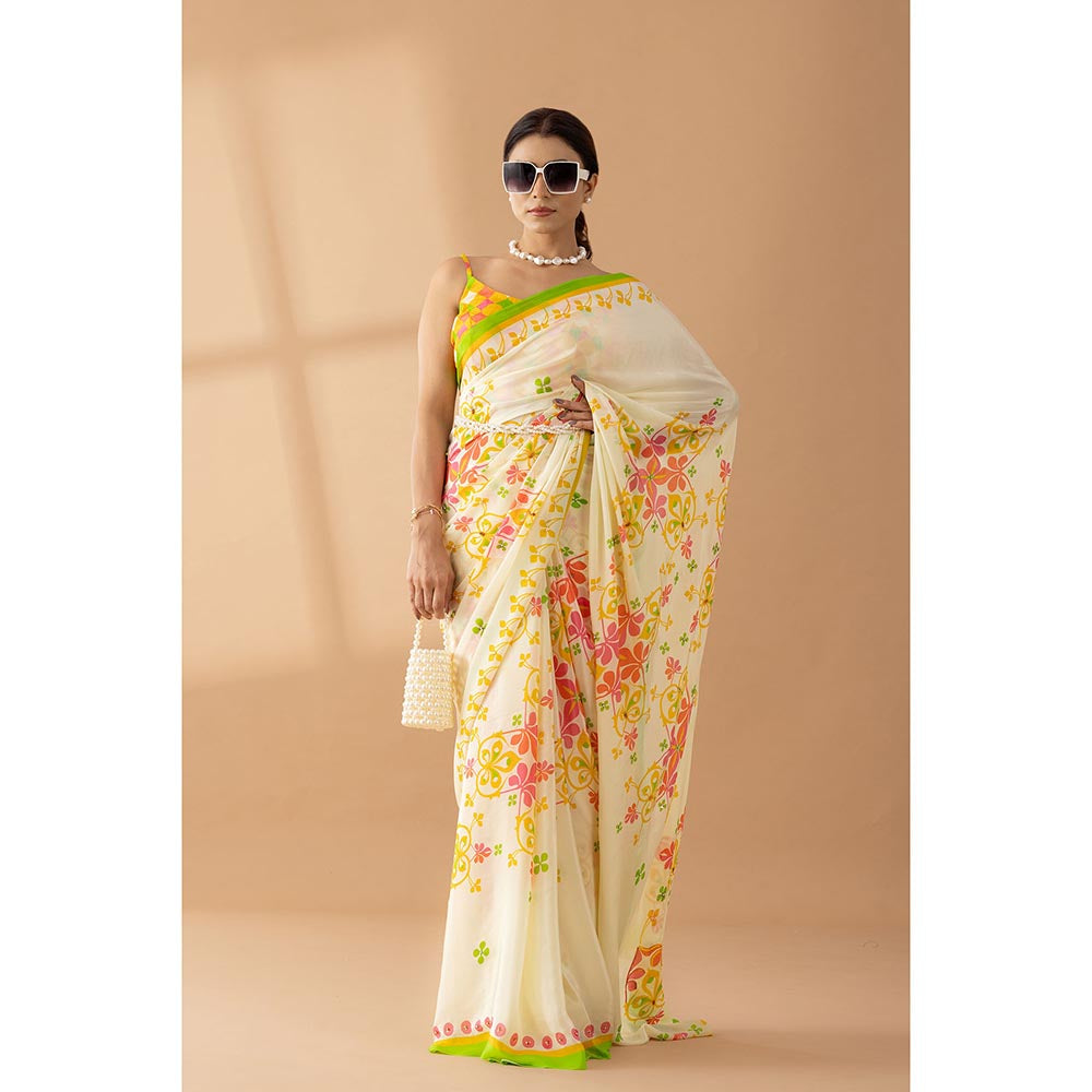 Thee Modern Roots Cream Floral Printed and Embroidered Crepe Designer Saree with Unstitched Blouse