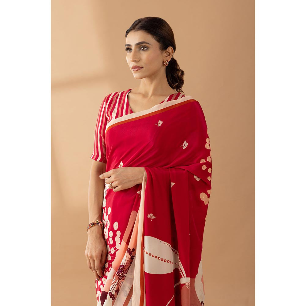 Thee Modern Roots Red Floral Printed and Embroidered Crepe Party Wear Saree with Unstitched Blouse