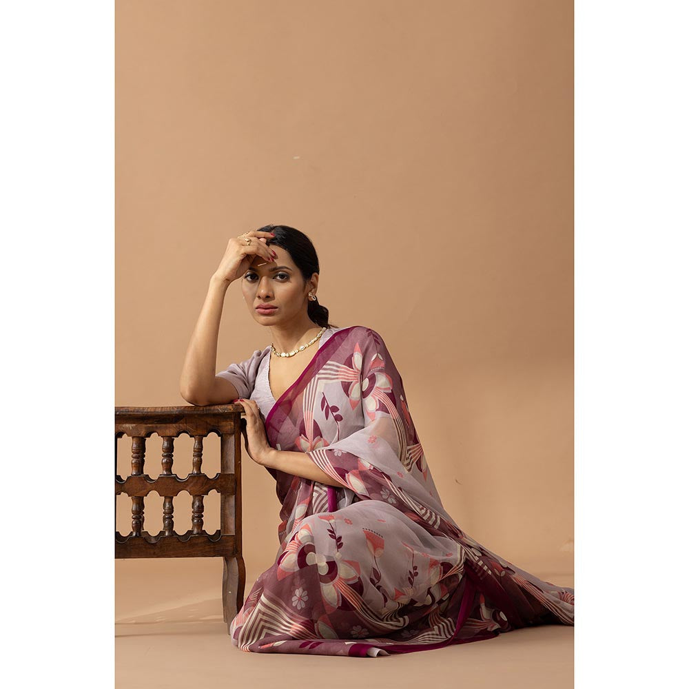 Thee Modern Roots Desert Mirage Mauve Printed Chiffon Saree with Unstitched Blouse