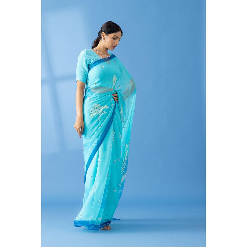 Thee Modern Roots Light Blue Printed and Embellished Chiffon Saree with Unstitched Blouse