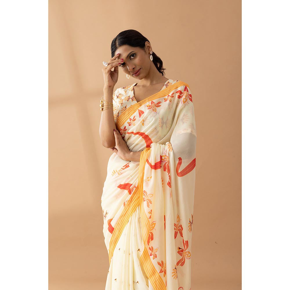 Thee Modern Roots Carnival Ivory & Orange Printed Georgette Saree with Unstitched Blouse