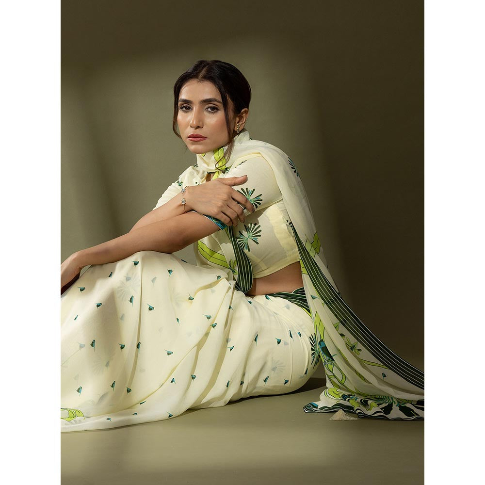 Thee Modern Roots Kaleidoscope Garden Ivory & Green Printed Georgette Saree with Unstitched Blouse