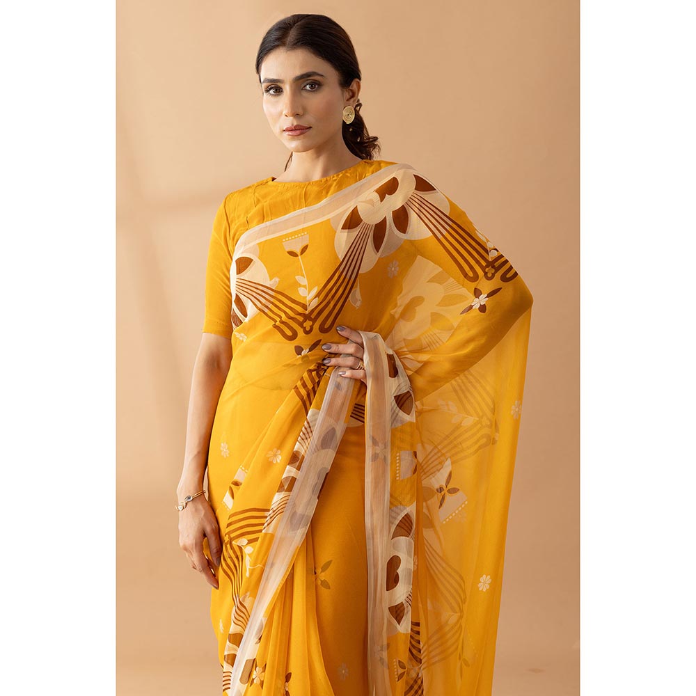 Thee Modern Roots Majestic Peaks Mustard Printed Chiffon Saree with Unstitched Blouse