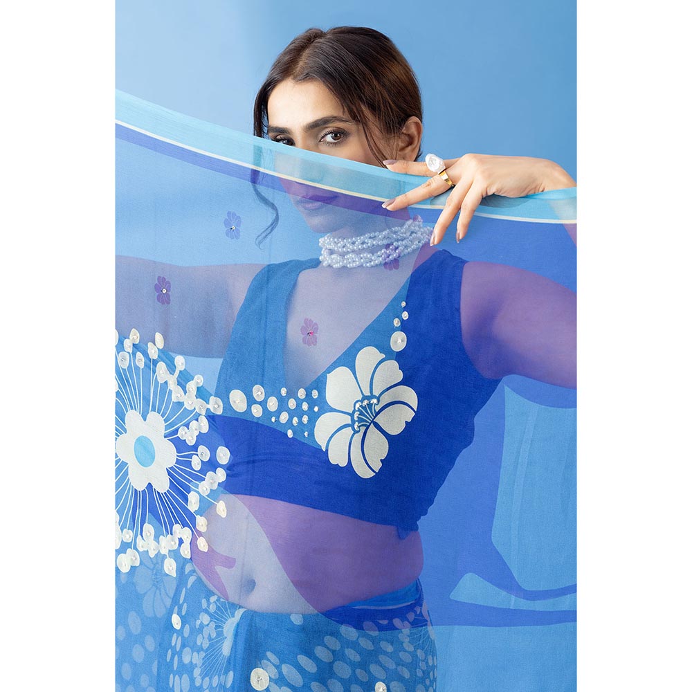 Thee Modern Roots Mystical Cobalt Blue Printed and Embellished Chiffon Saree with Unstitched Blouse