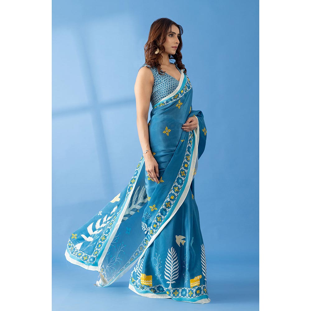 Thee Modern Roots Smoky Blue Printed and Embellished Crepe Designer Saree with Unstitched Blouse