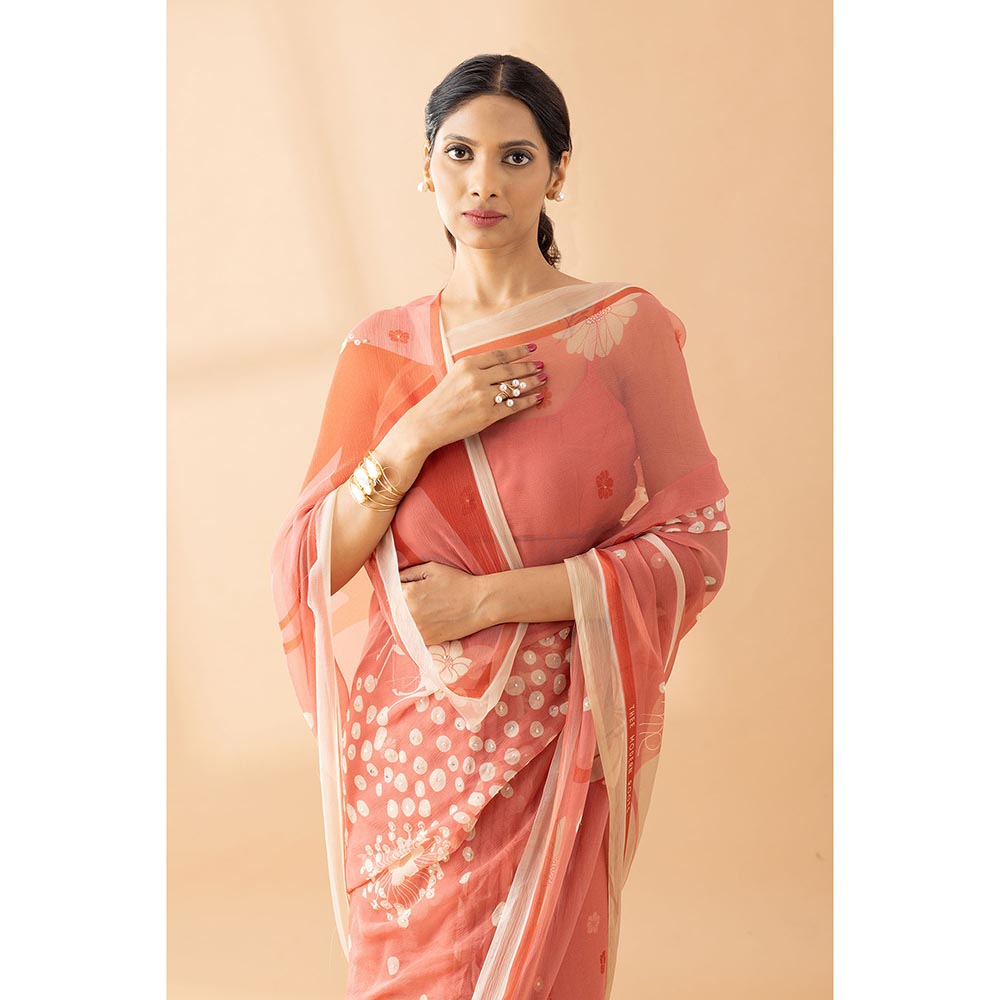 Thee Modern Roots Peach Fuzz Printed and Embroidered Chiffon Saree with Unstitched Blouse
