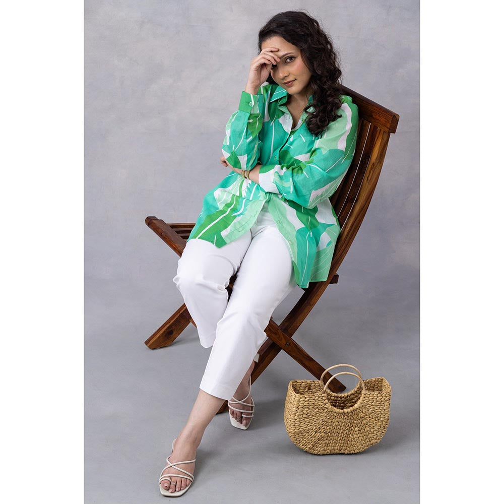 Thee Modern Roots Tropical Green Cotton Mul Printed Shirt