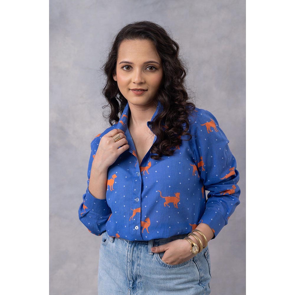 Thee Modern Roots Cobalt Blue Paws And Tails Cotton Mul Printed Shirt