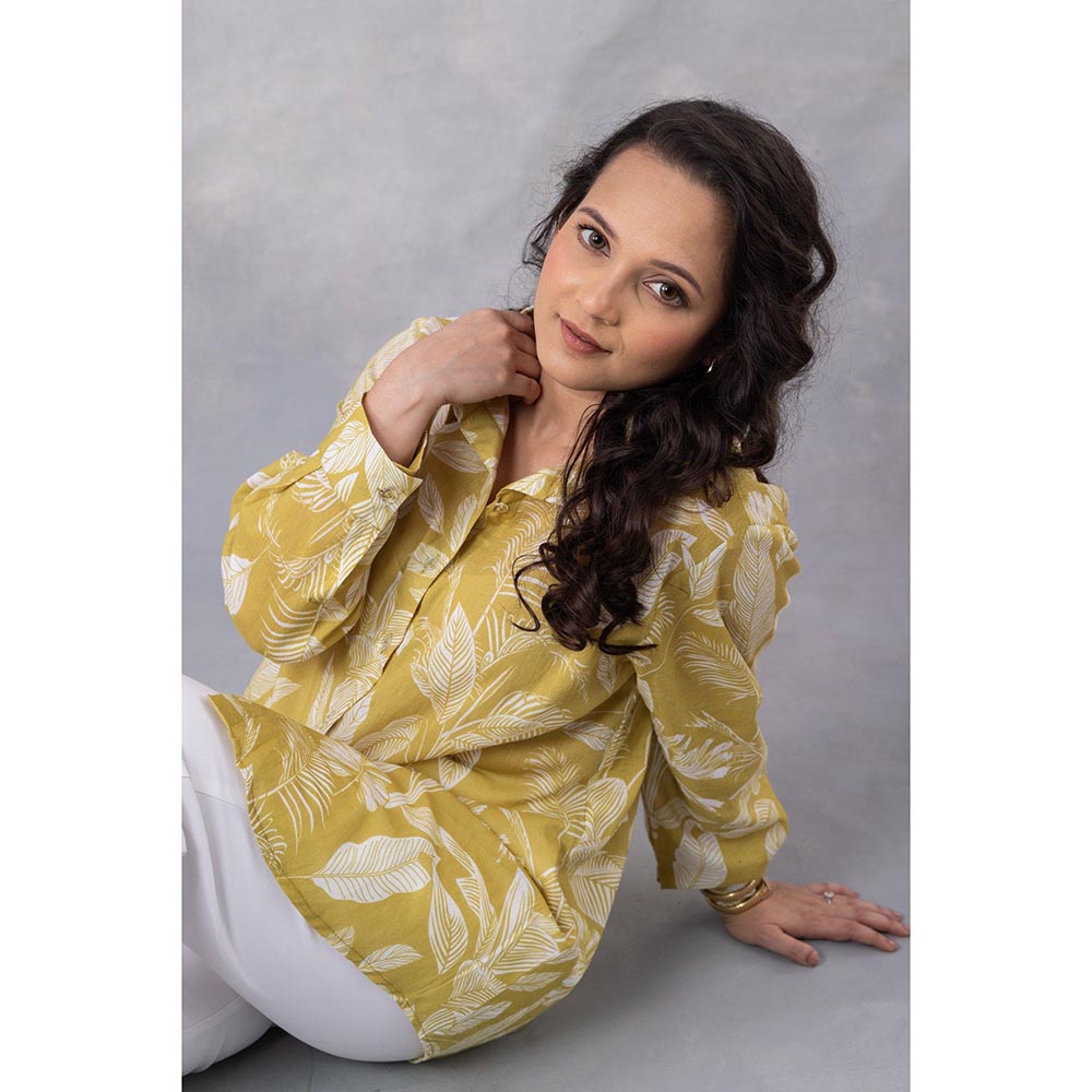 Thee Modern Roots Ochre Tropical Print Cotton Mul Shirt - Yellow