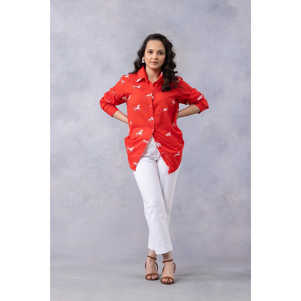 Thee Modern Roots Poppy Red Horse Print Cotton Mul Shirt