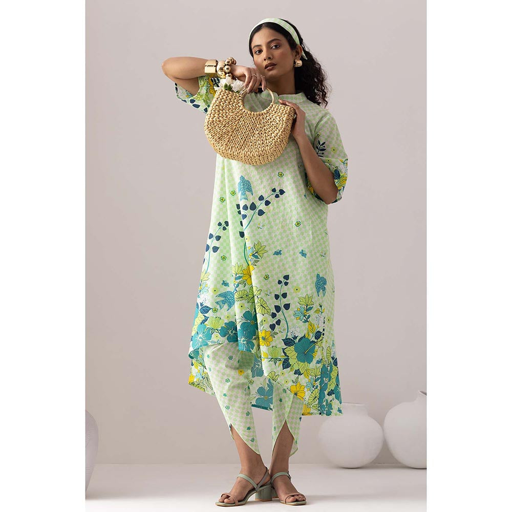 Thee Modern Roots Neon Green Checkered Floral Print Kurta and Dhoti (Set of 2)