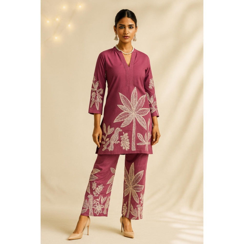 Thee Modern Roots Women'S Purple Cotton Floral Mandarin Neck Top with Pant Co-Ord's