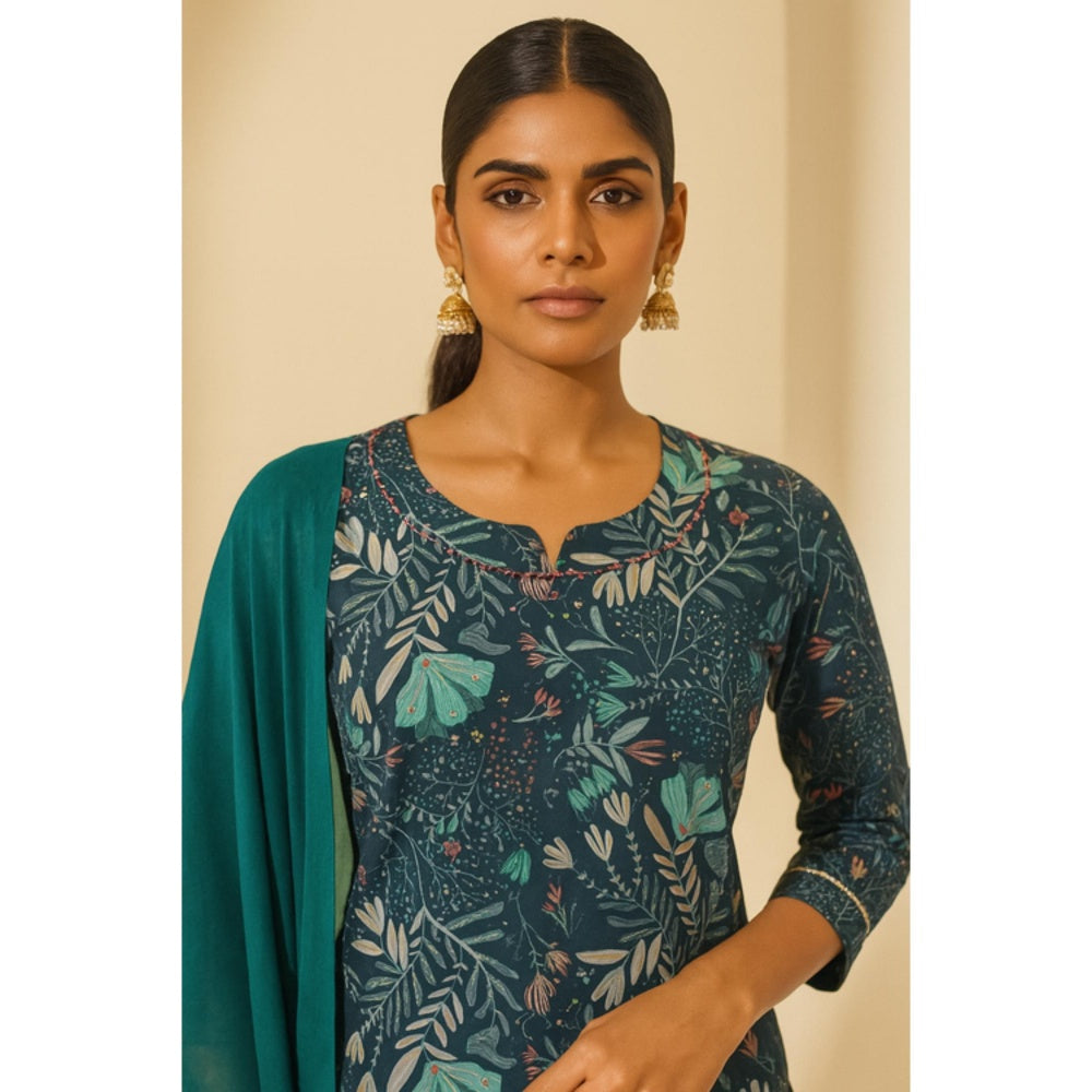 Thee Modern Roots Women'S Green Cotton Floral Round Neck Kurta with Pant and Dupatta