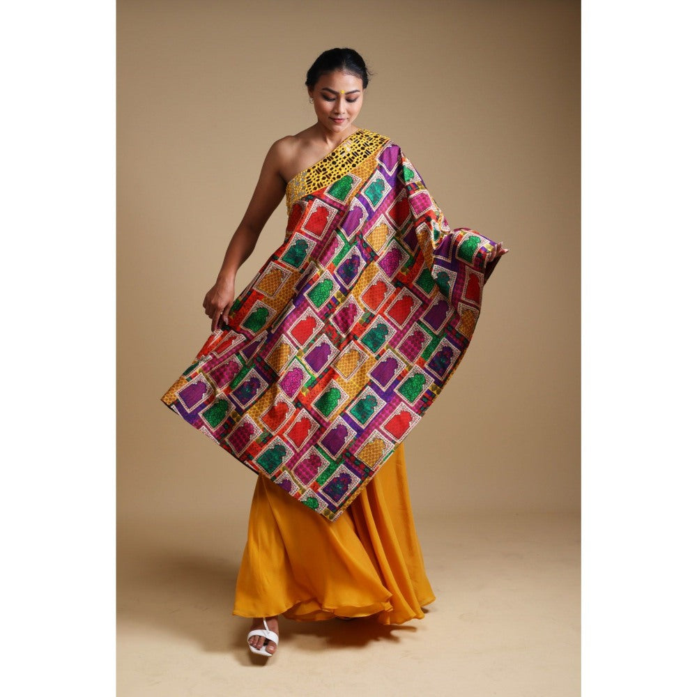 THETAA Yellow Hand Embroidered Off Shoulder Kurta with Sharara (Set of 2)